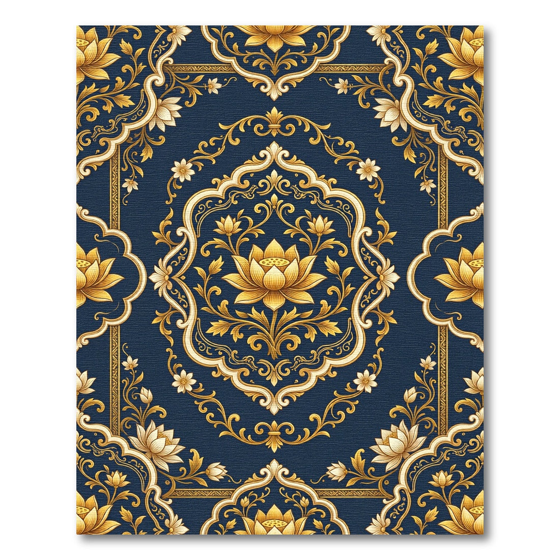 Elegant Navy Gold Lotus Medallion Rug