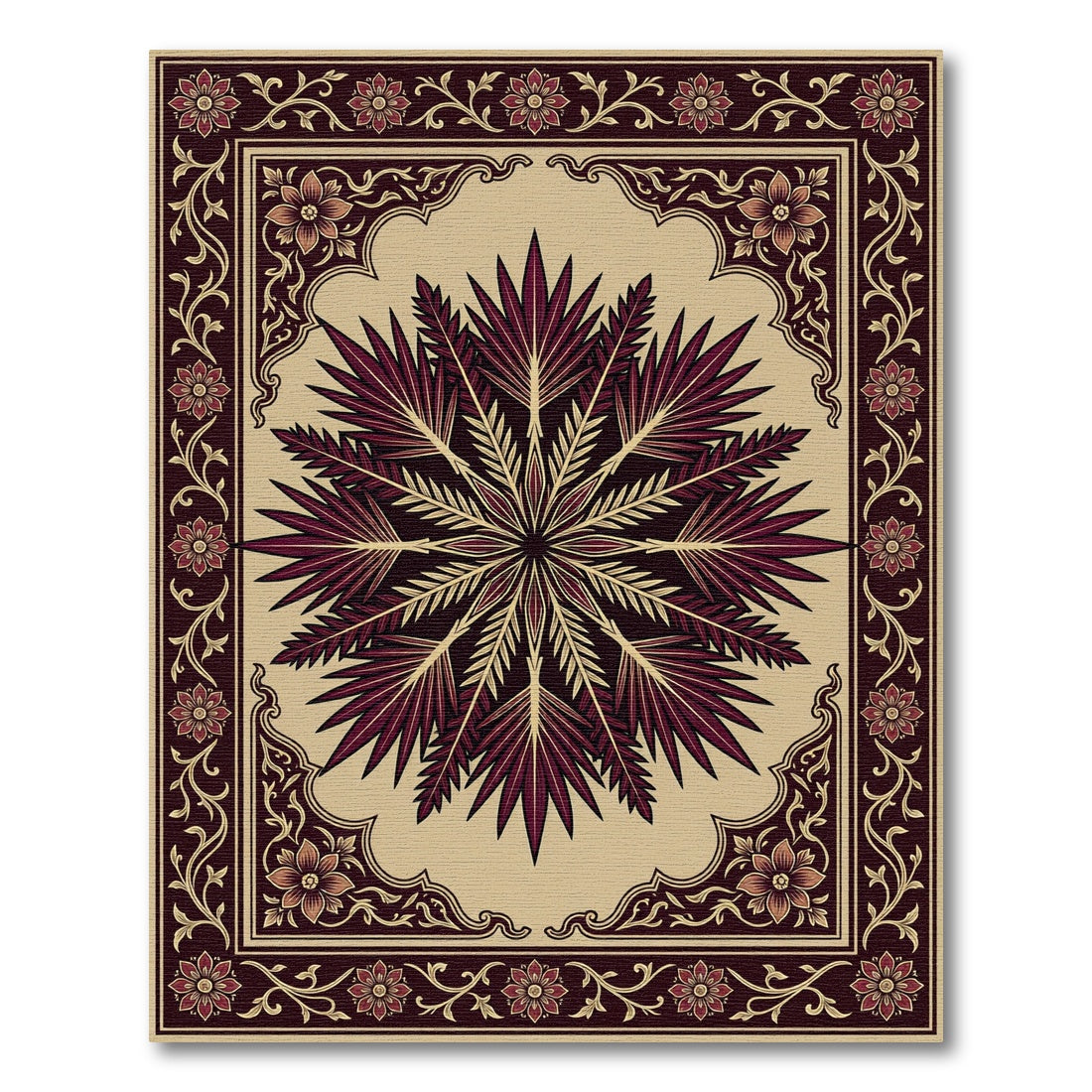 Dark Burgundy Palm Leaf Medallion Rug