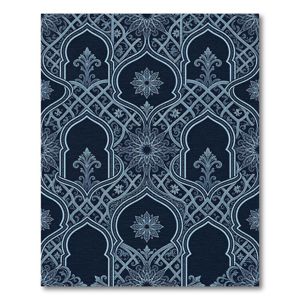 Midnight Blue Ornate Arabesque Arch Rug