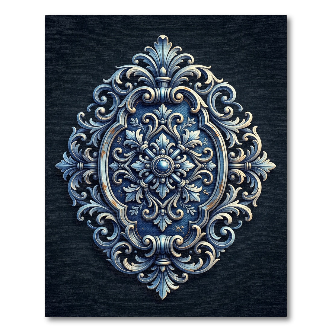 Ornate Navy Damask Filigree Medallion Rug