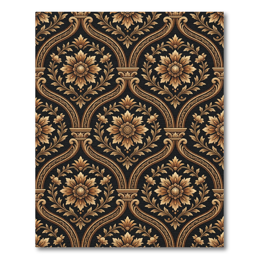 Ornate Gold Floral Damask Pattern Rug