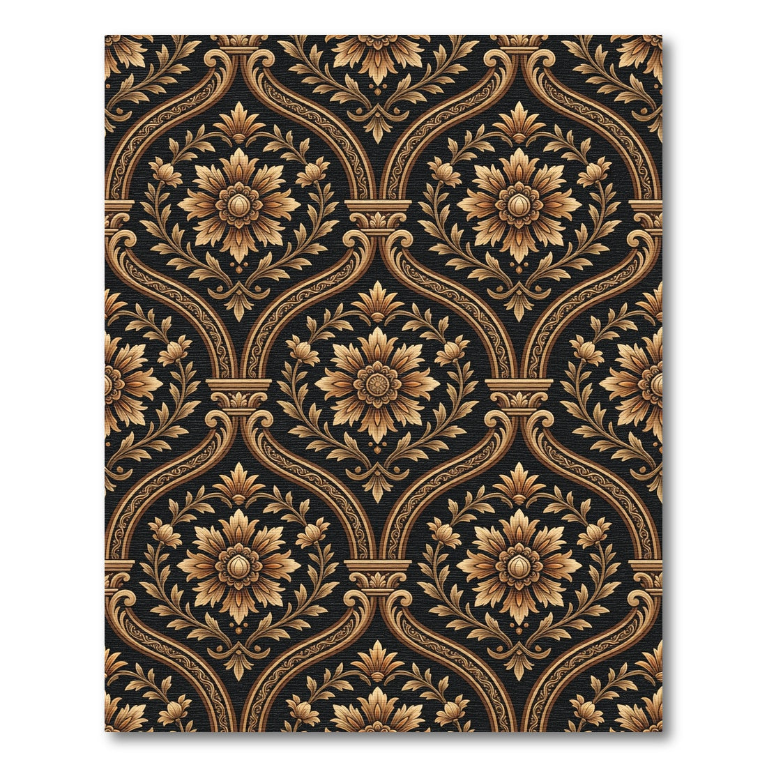 Ornate Gold Floral Damask Pattern Rug