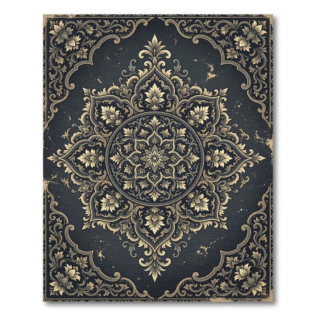 Elegant Charcoal Gold Ornate Floral Medallion Rug