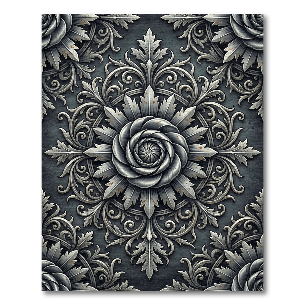 Metallic Silver Victorian Floral Engraving Rug