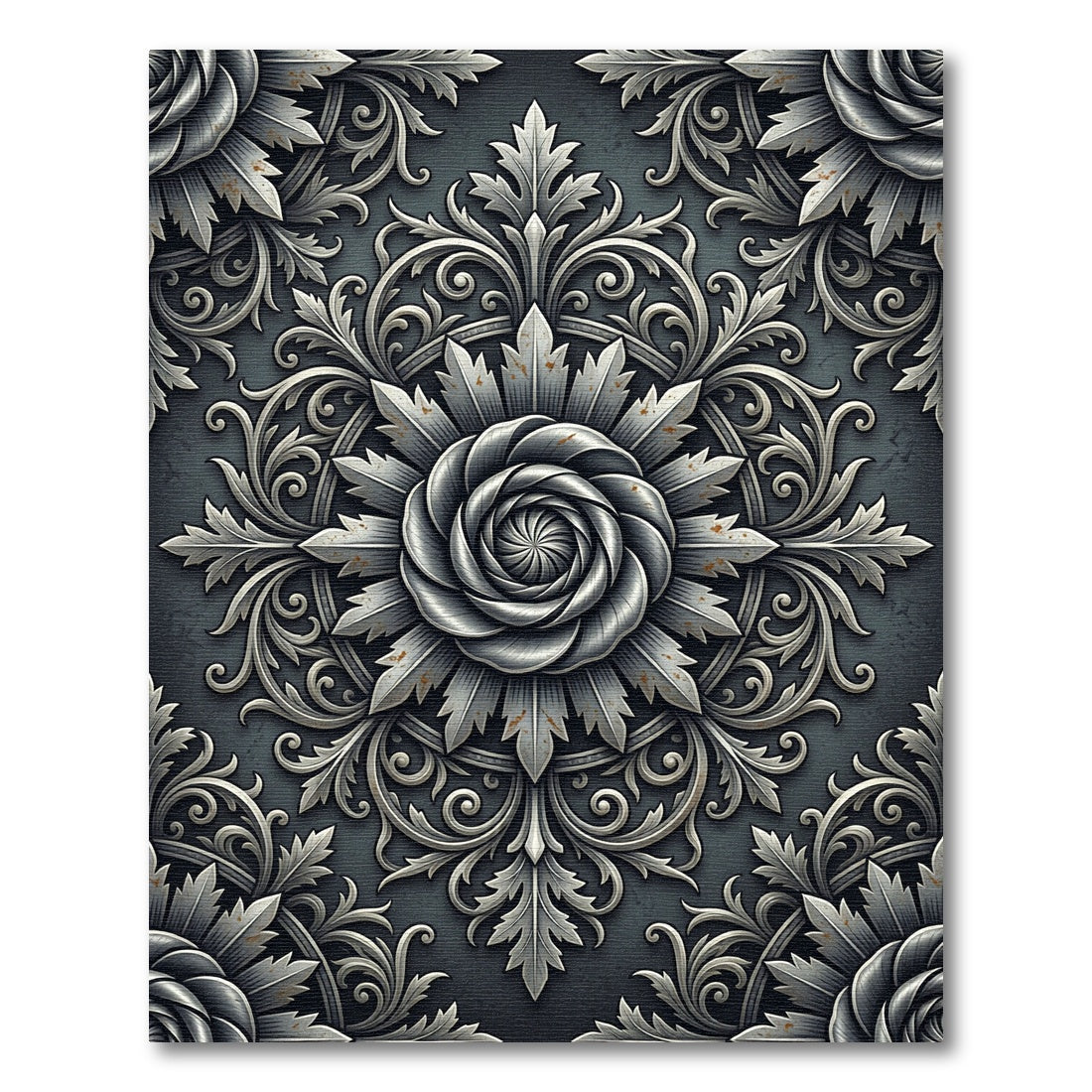 Metallic Silver Victorian Floral Engraving Rug