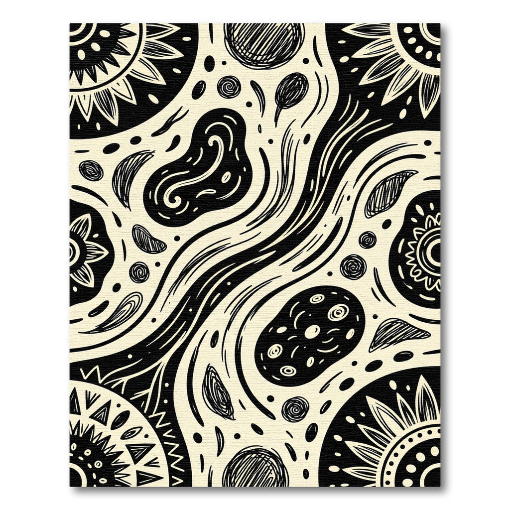 Cream Black Tribal Sunburst Swirl Rug