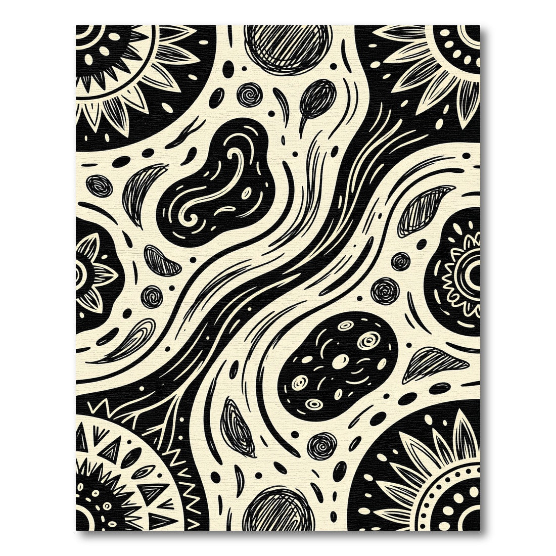 Cream Black Tribal Sunburst Swirl Rug
