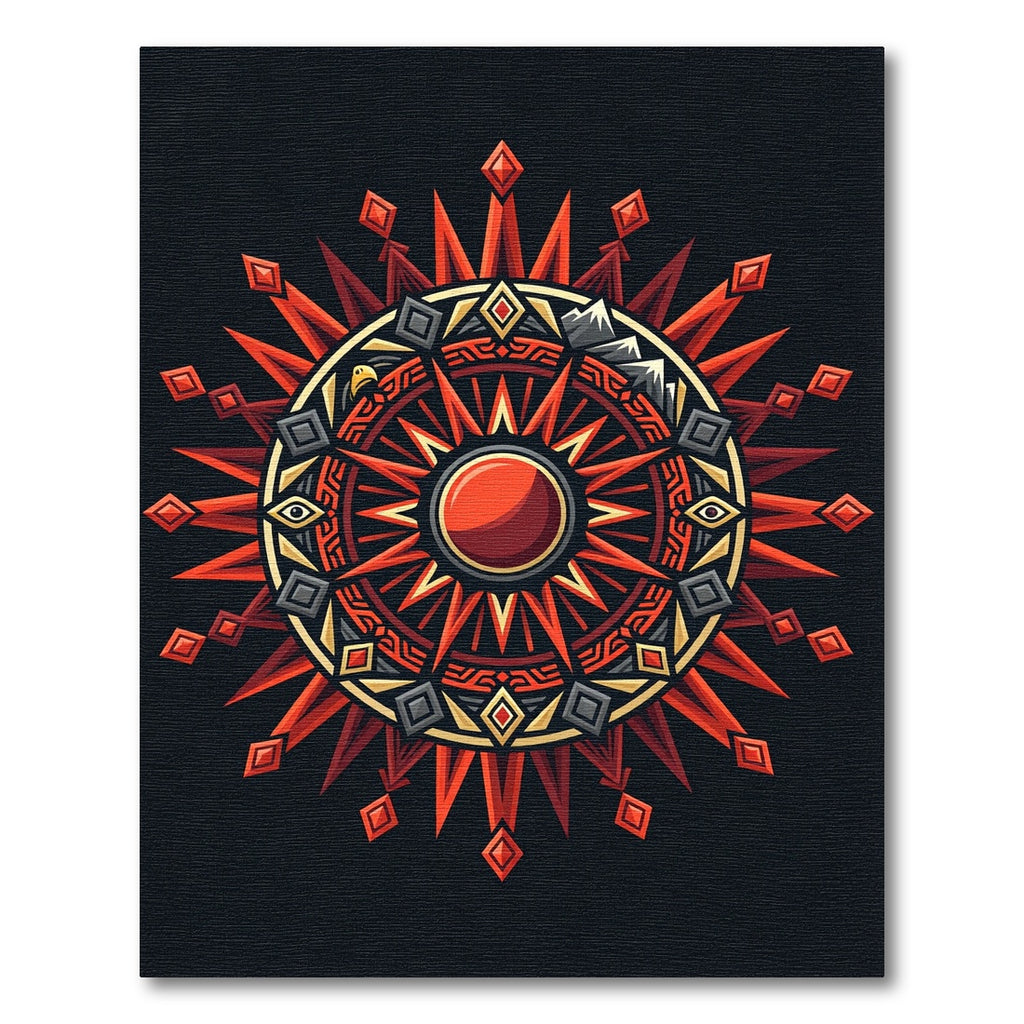 Radiant Crimson Geometric Sunburst Medallion Rug