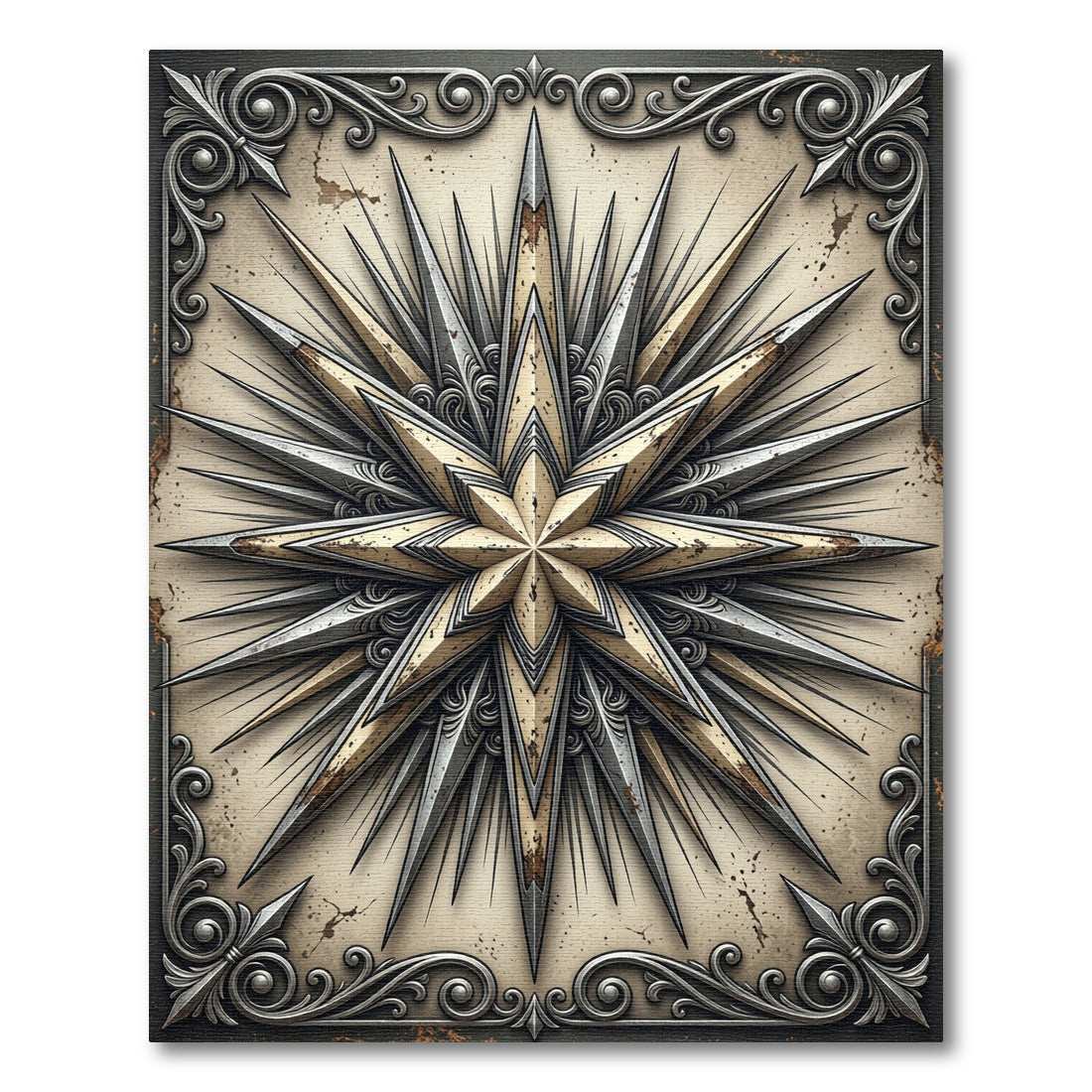 Aged Golden Starburst Compass Rose Rug
