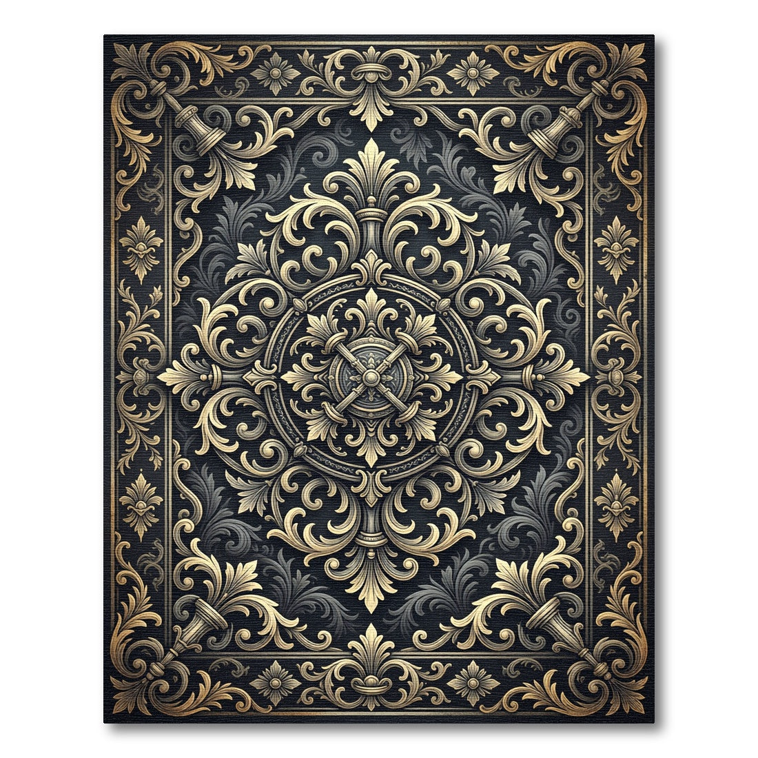 Ornate Golden Filigree Charcoal Damask Rug