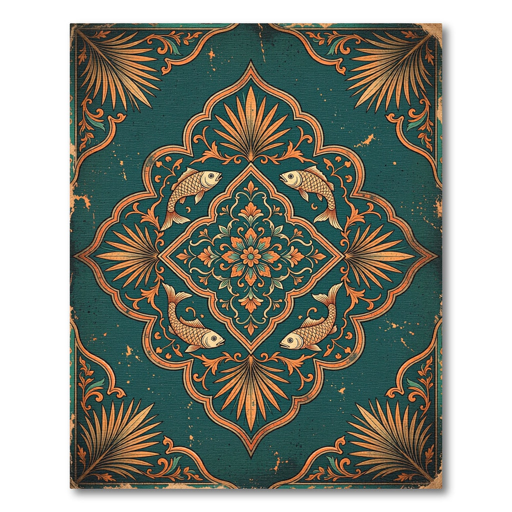 Teal Koi Fish Botanical Medallion Rug