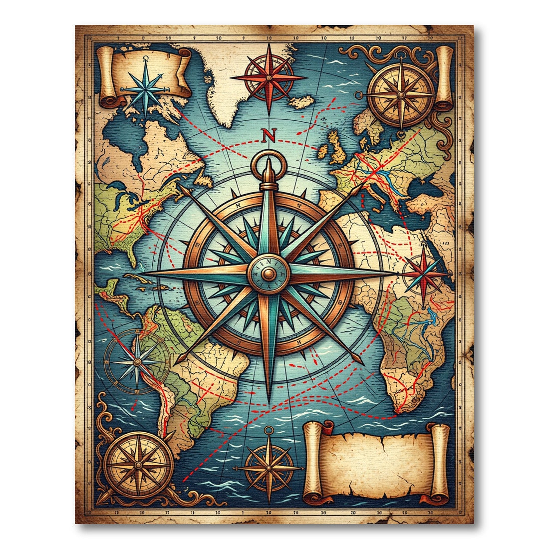 Vintage Nautical World Map Compass Art Rug