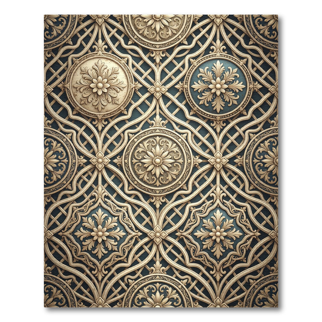 Antique Teal Gold Floral Trellis Rug