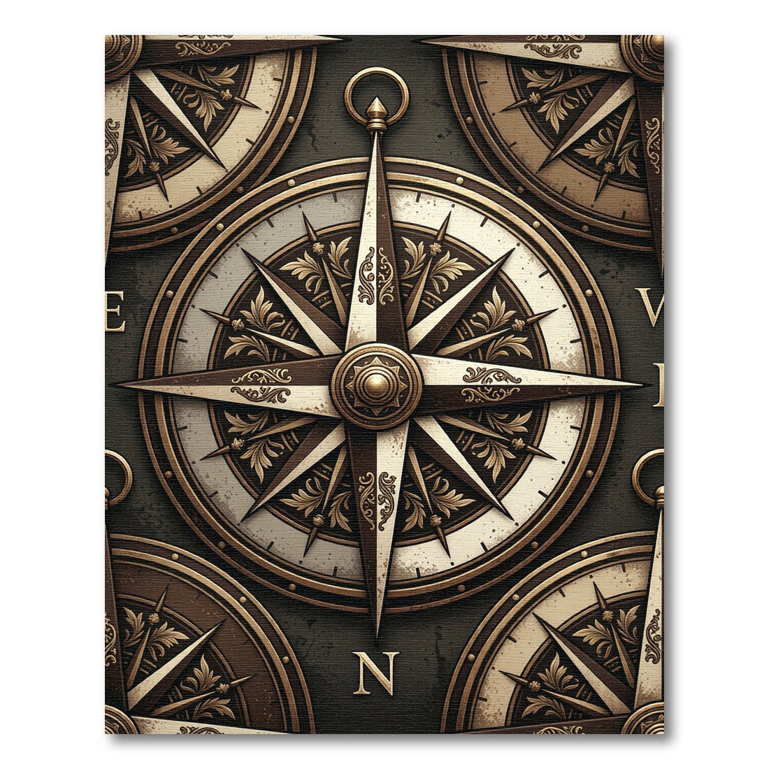 Vintage Bronze Nautical Compass Medallion Rug