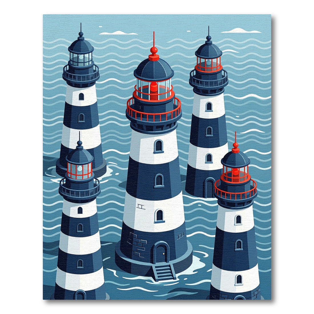 Navy White Red Lighthouse Nautical Scene Rug