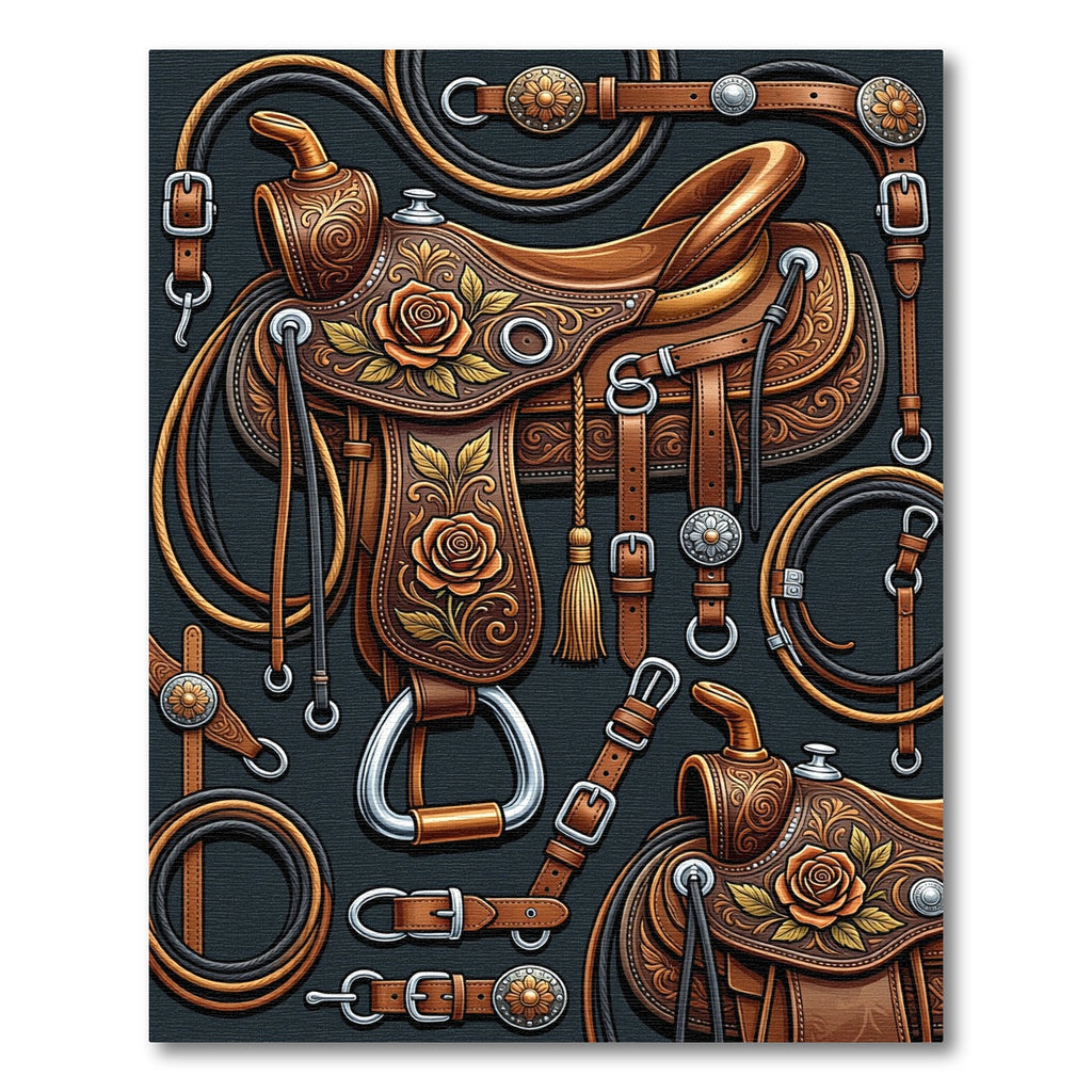 Ornate Western Leather Rose Saddle Rug