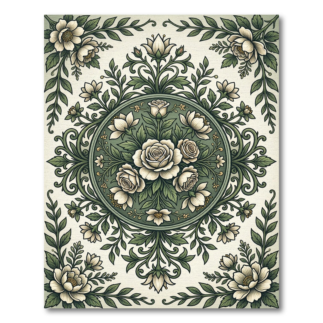 Elegant Sage Green Floral Rose Medallion Rug