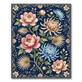 Navy Botanical Peony and Chrysanthemum Art Rug