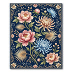 Navy Botanical Peony and Chrysanthemum Art Rug