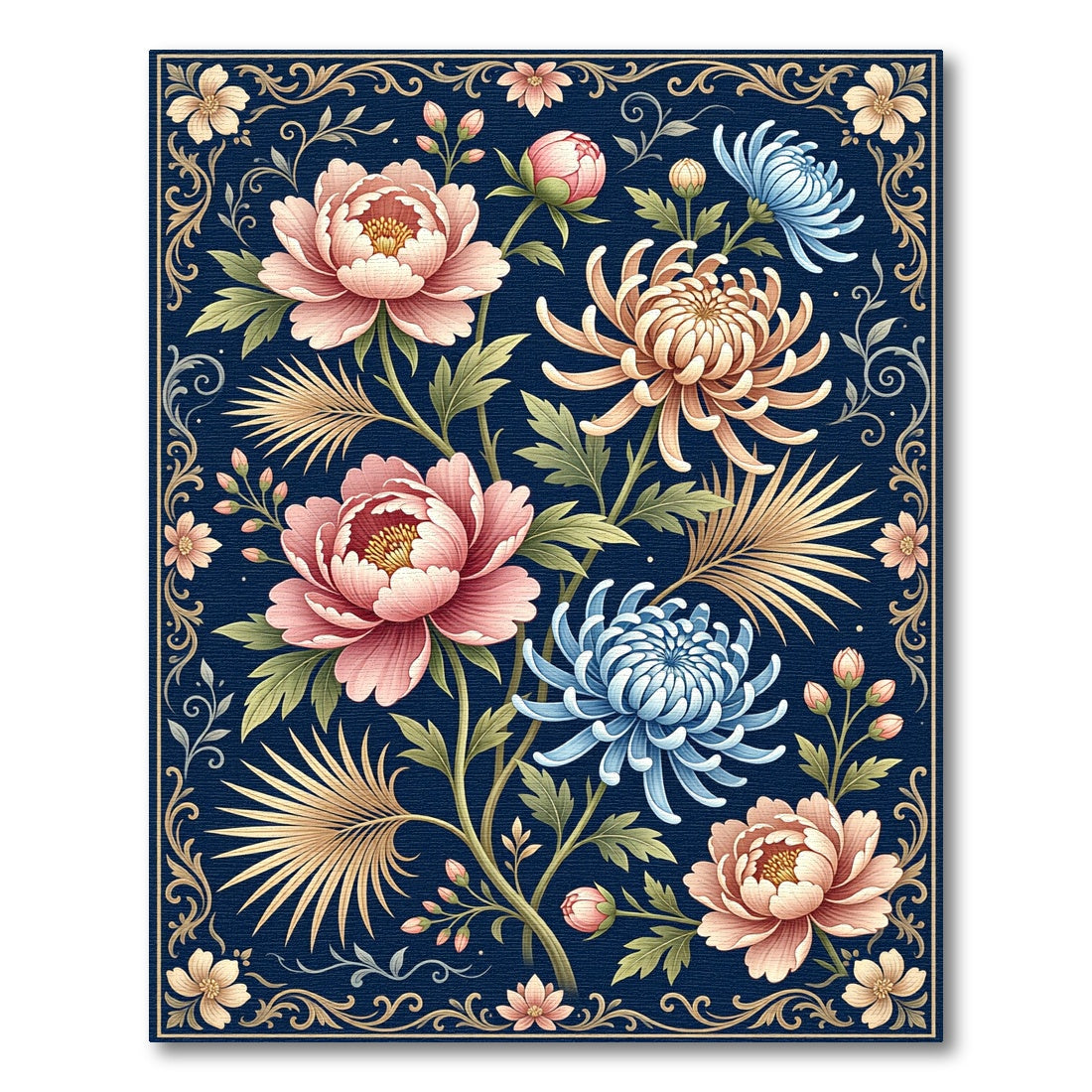 Navy Botanical Peony and Chrysanthemum Art Rug