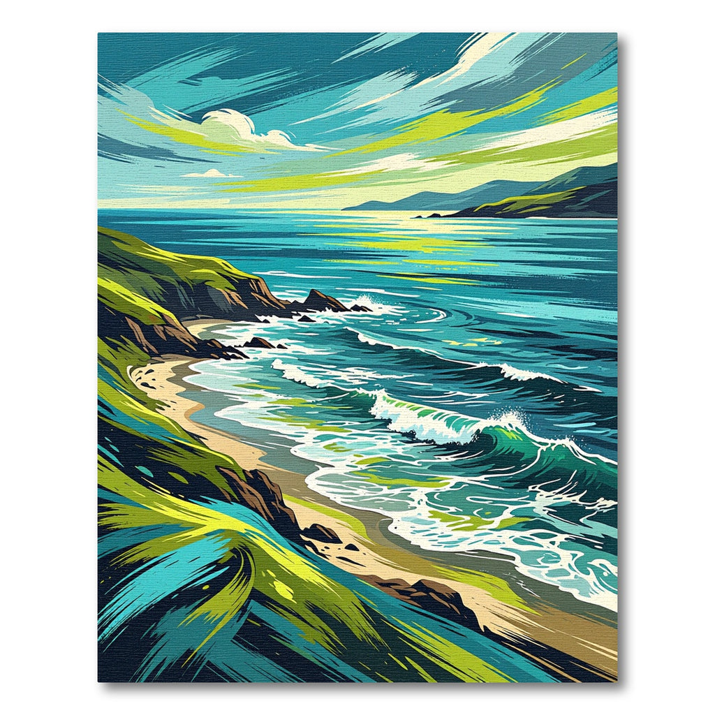 Emerald Coastal Impressionist Wave Landscape Rug