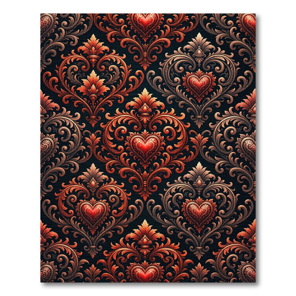 Ornate Red Heart Scrollwork Damask Rug