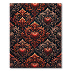Ornate Red Heart Scrollwork Damask Rug
