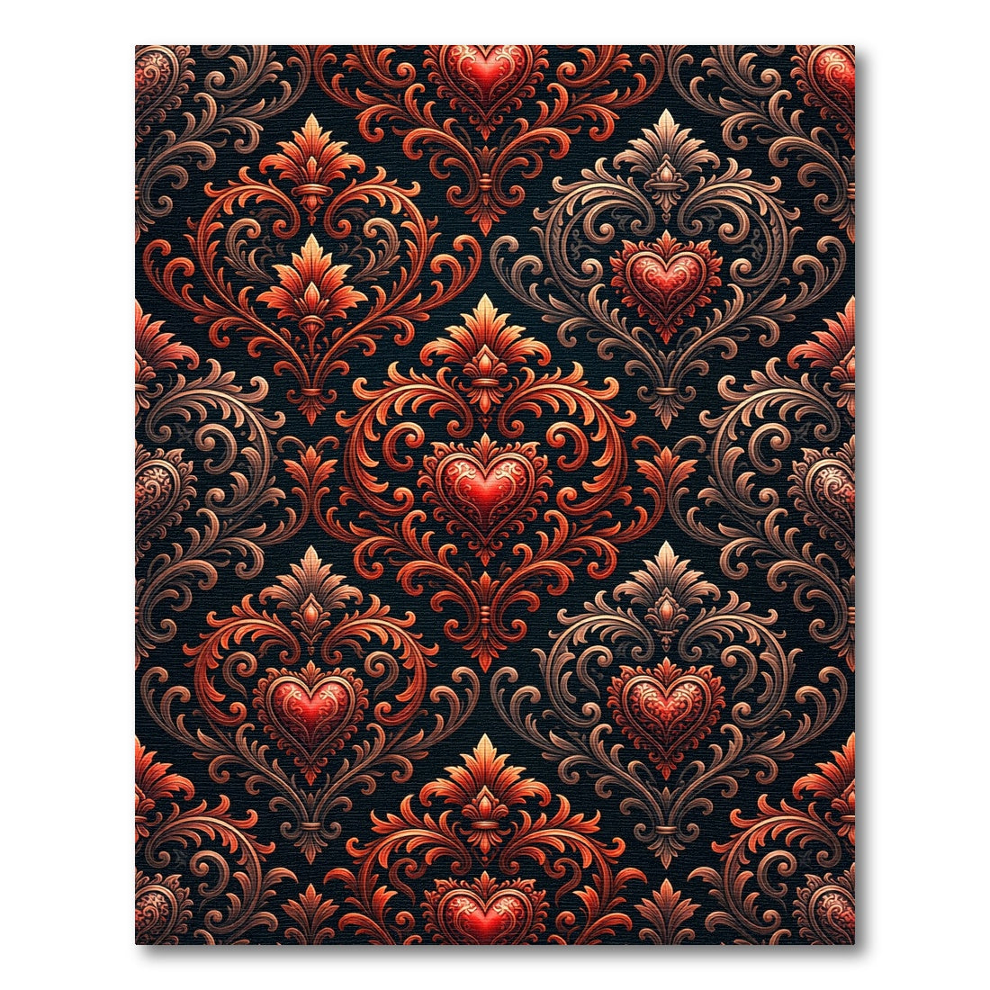 Ornate Red Heart Scrollwork Damask Rug