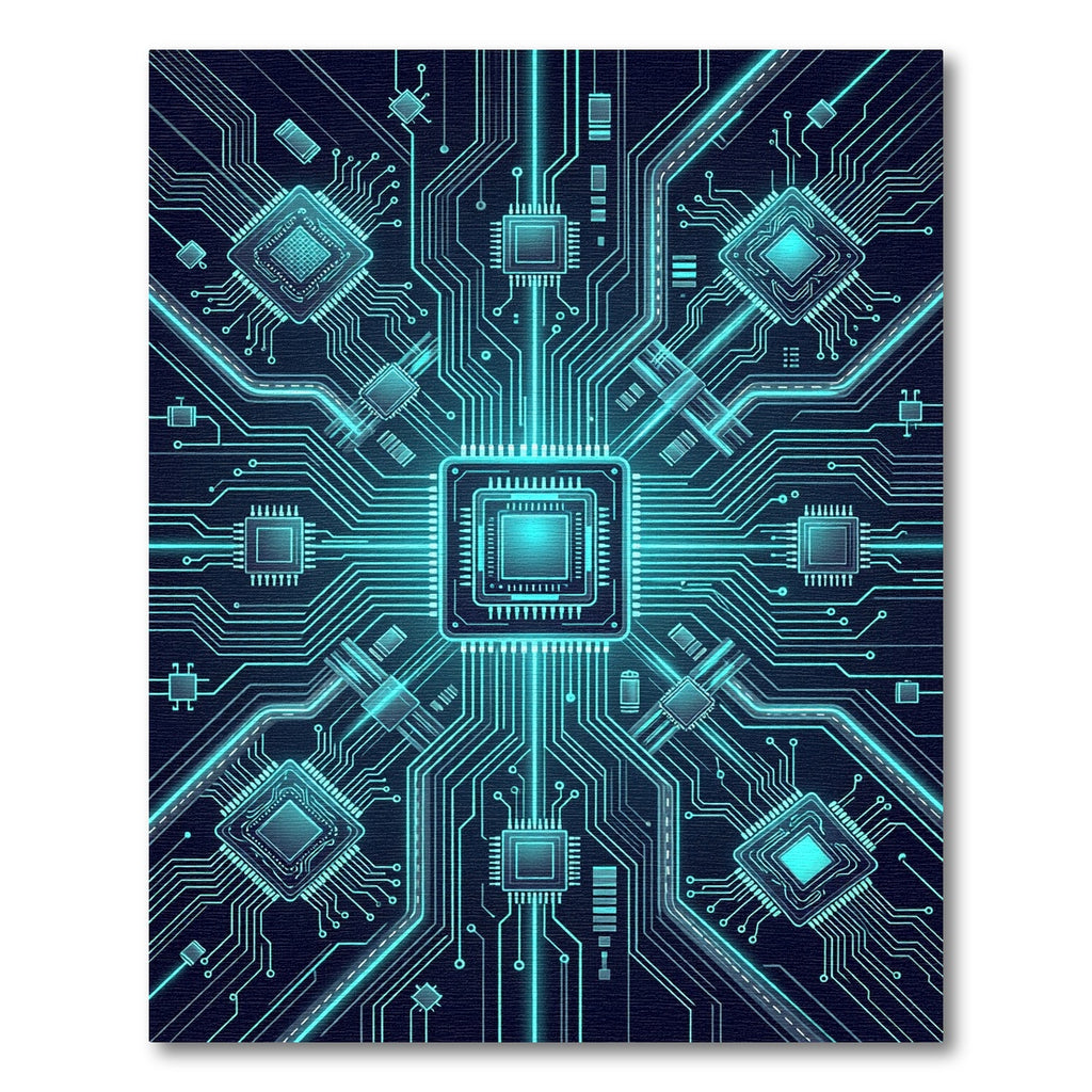 Luminous Blue Cyber Circuit Grid Rug