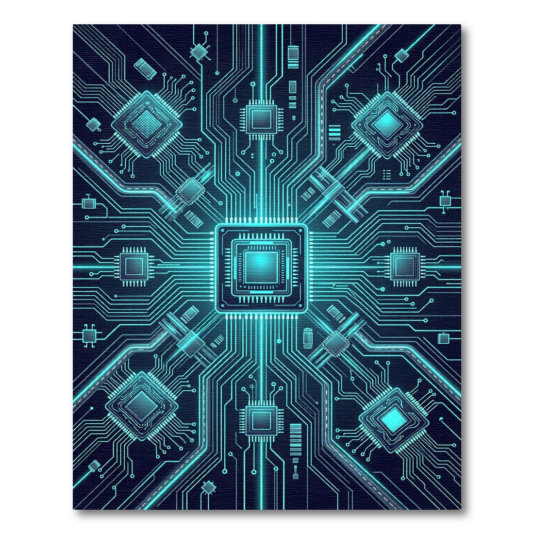 Luminous Blue Cyber Circuit Grid Rug