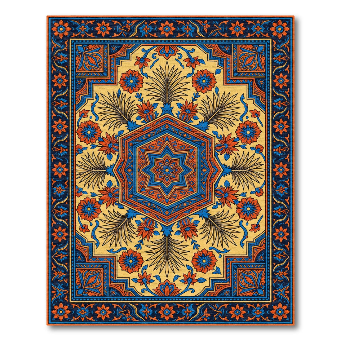 Vibrant Blue and Orange Floral Hexagon Rug