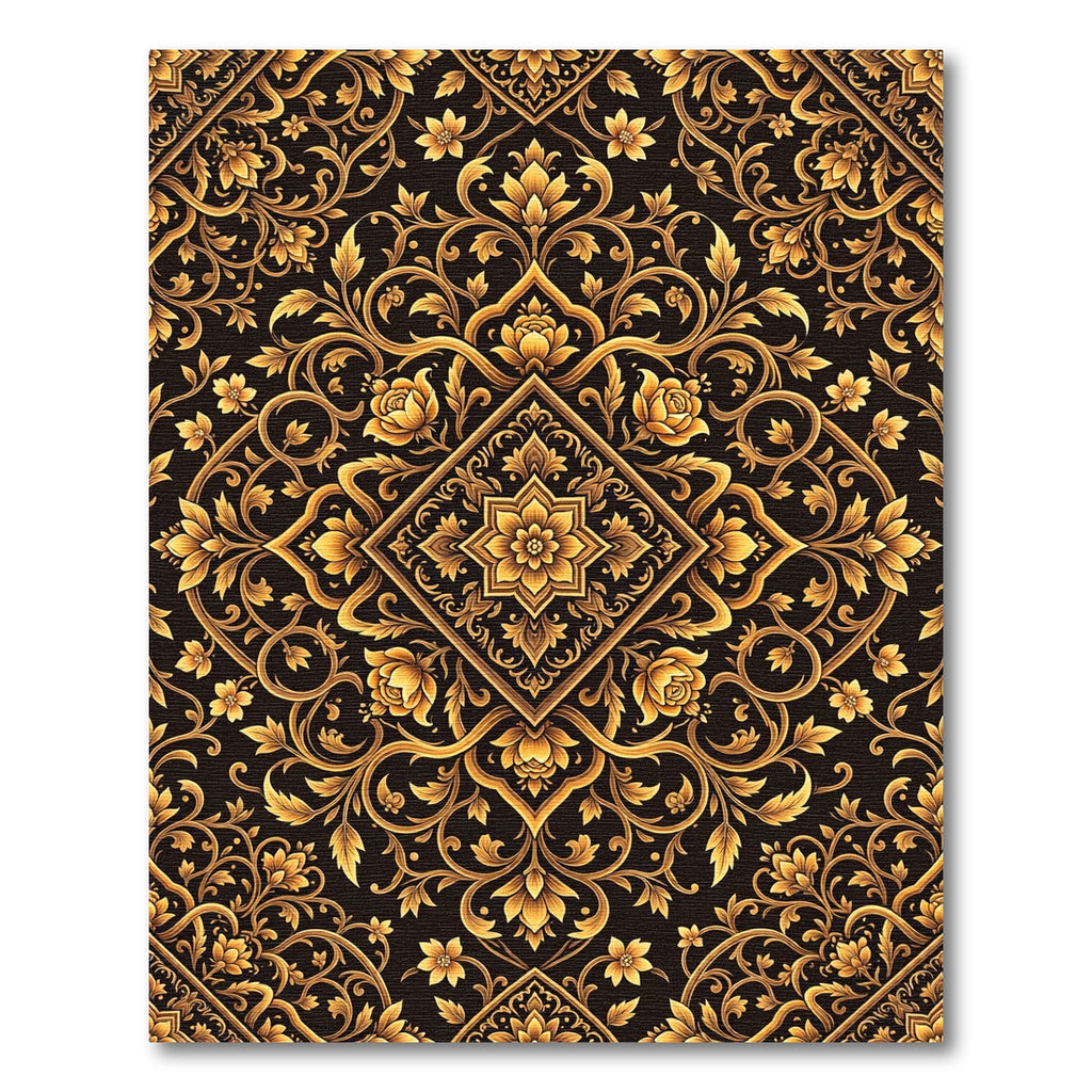 Elegant Golden Floral Damask Medallion Rug