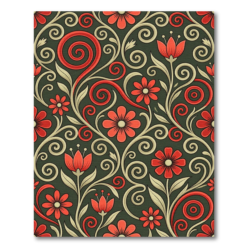 Red Floral Swirl Scroll Work Rug