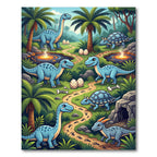 Whimsical Blue Dinosaur Prehistoric Tropical Jungle Rug
