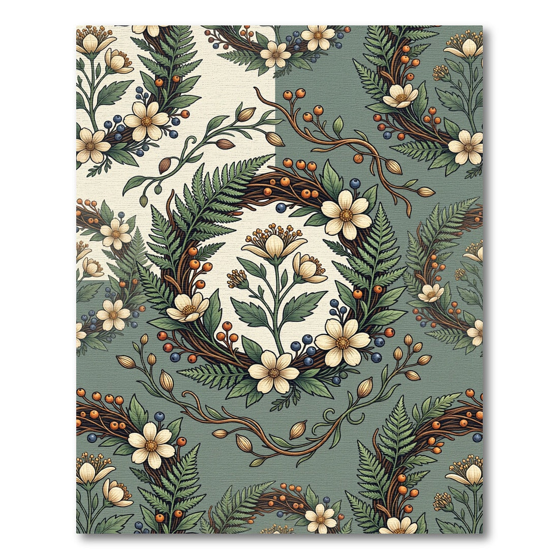 Sage Green Botanical Fern Wreath Rug