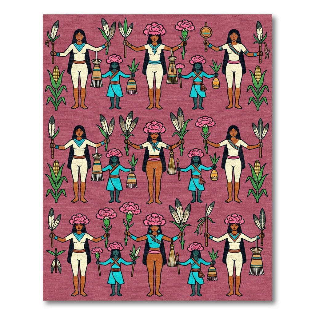 Native American Figures Floral Corn Pattern Rug