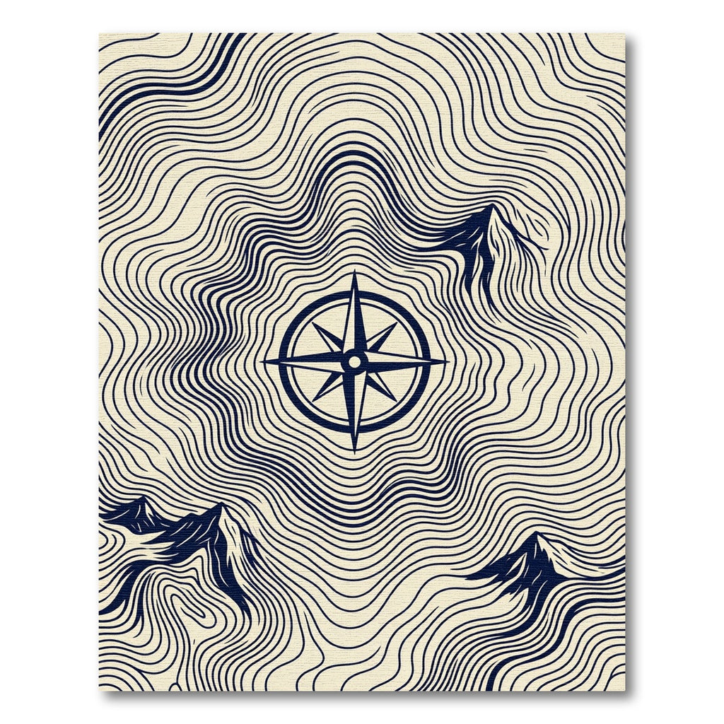Minimalist Navy Compass Mountain Topographic Rug