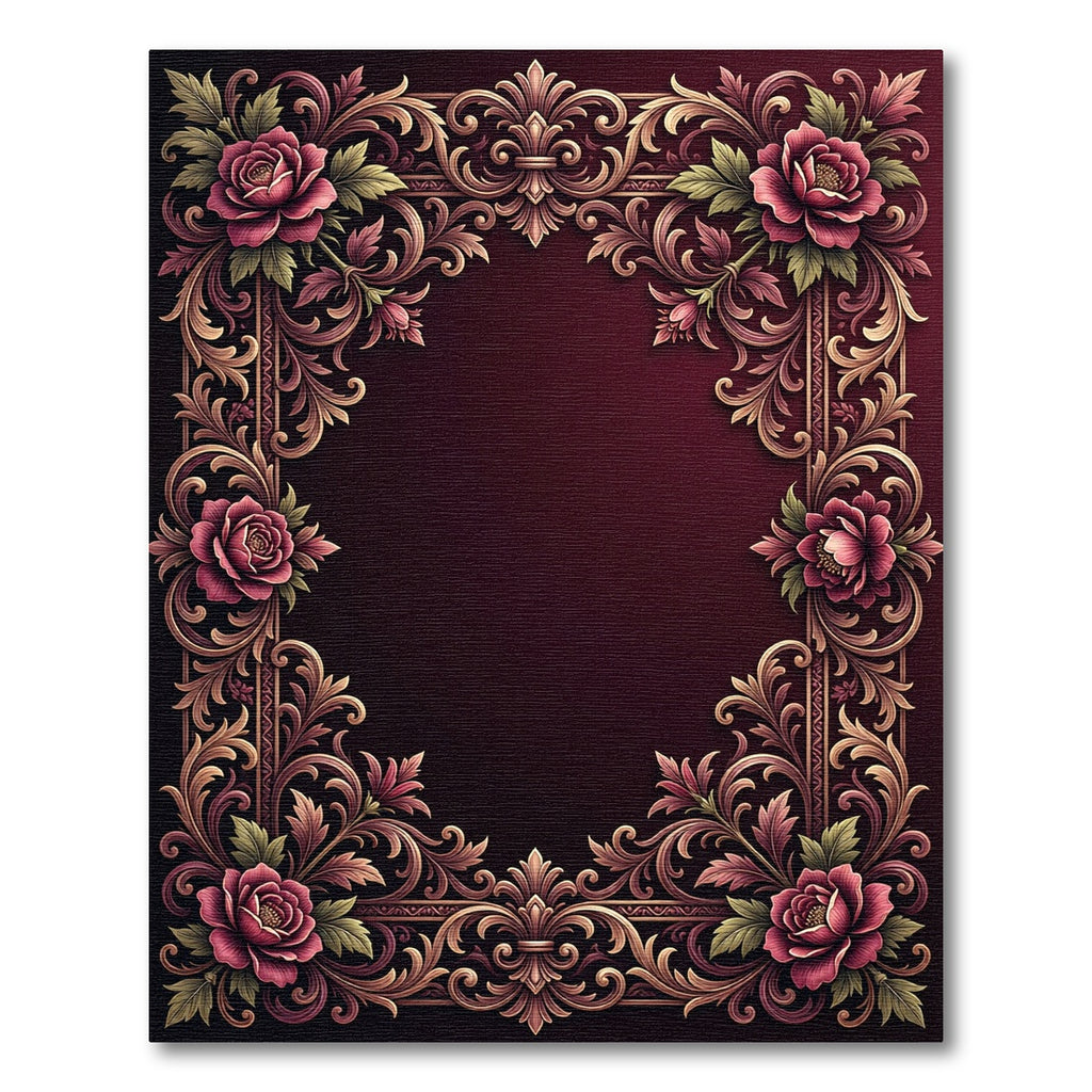 Ornate Crimson Rose Scrollwork Border Rug