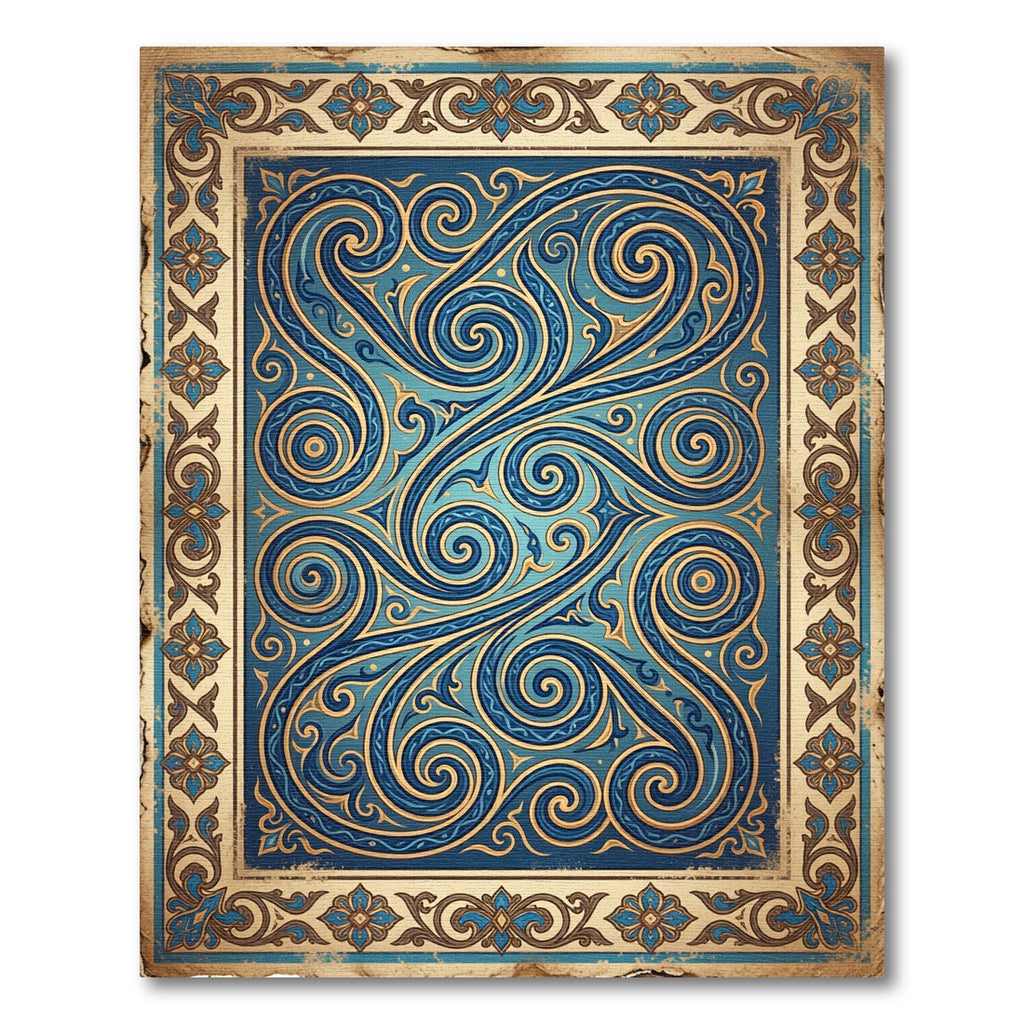 Cerulean Swirls and Golden Filigree Flourish Rug