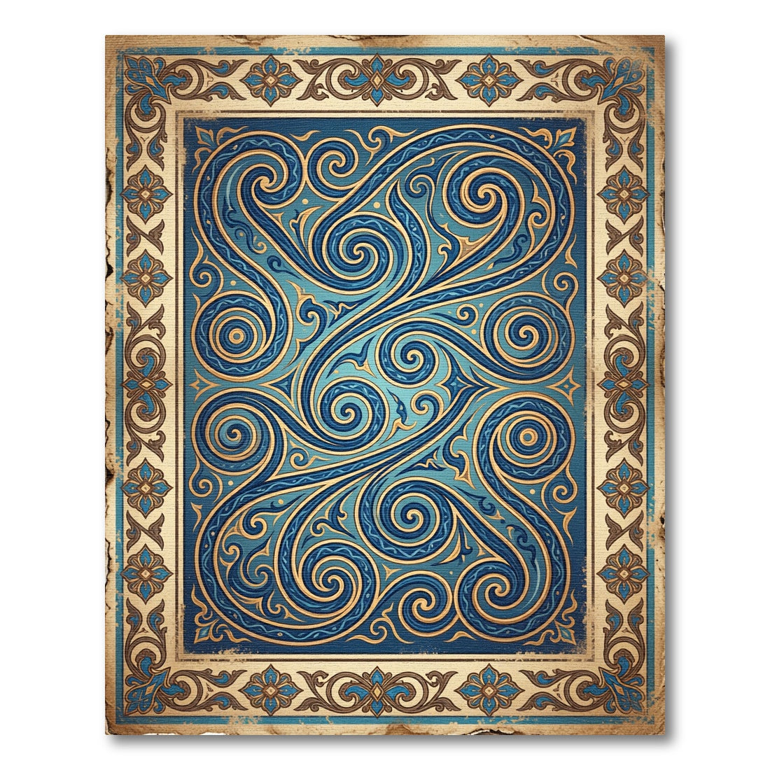 Cerulean Swirls and Golden Filigree Flourish Rug