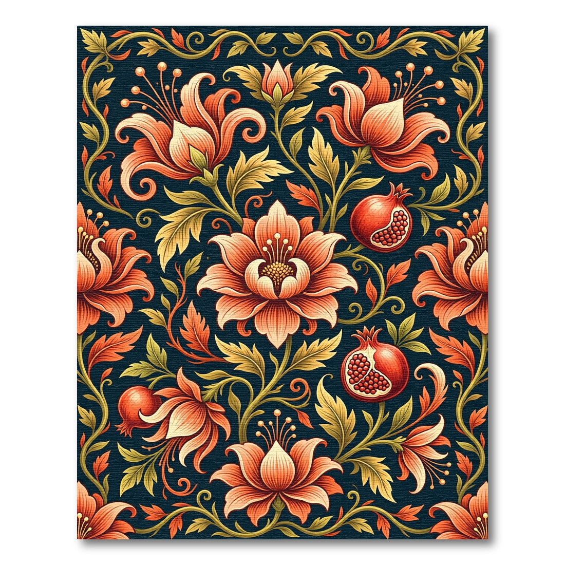 Elegant Crimson Lotus and Pomegranate Art Rug