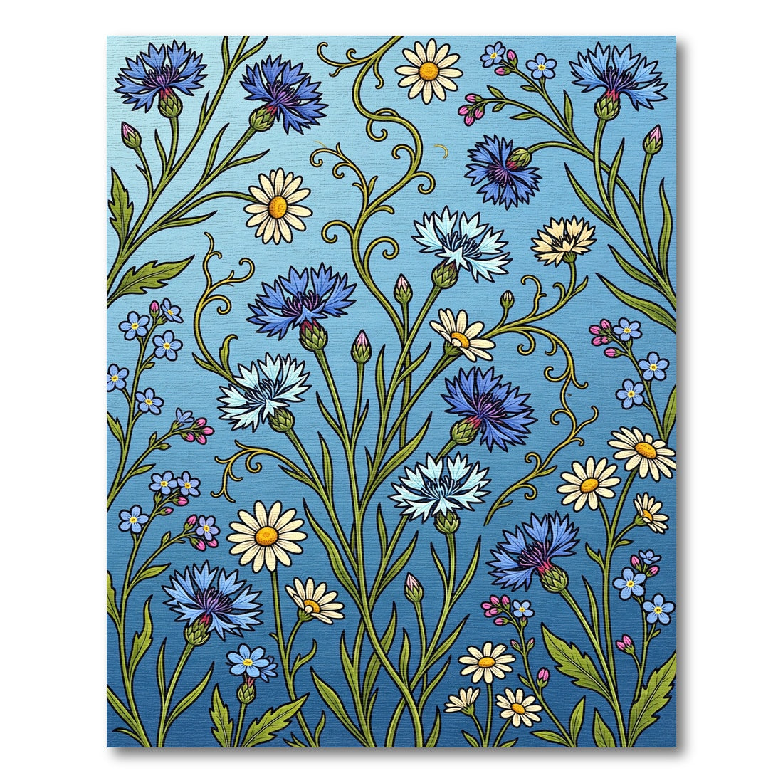 Blue Meadow Cornflower and Daisy Illustration Rug