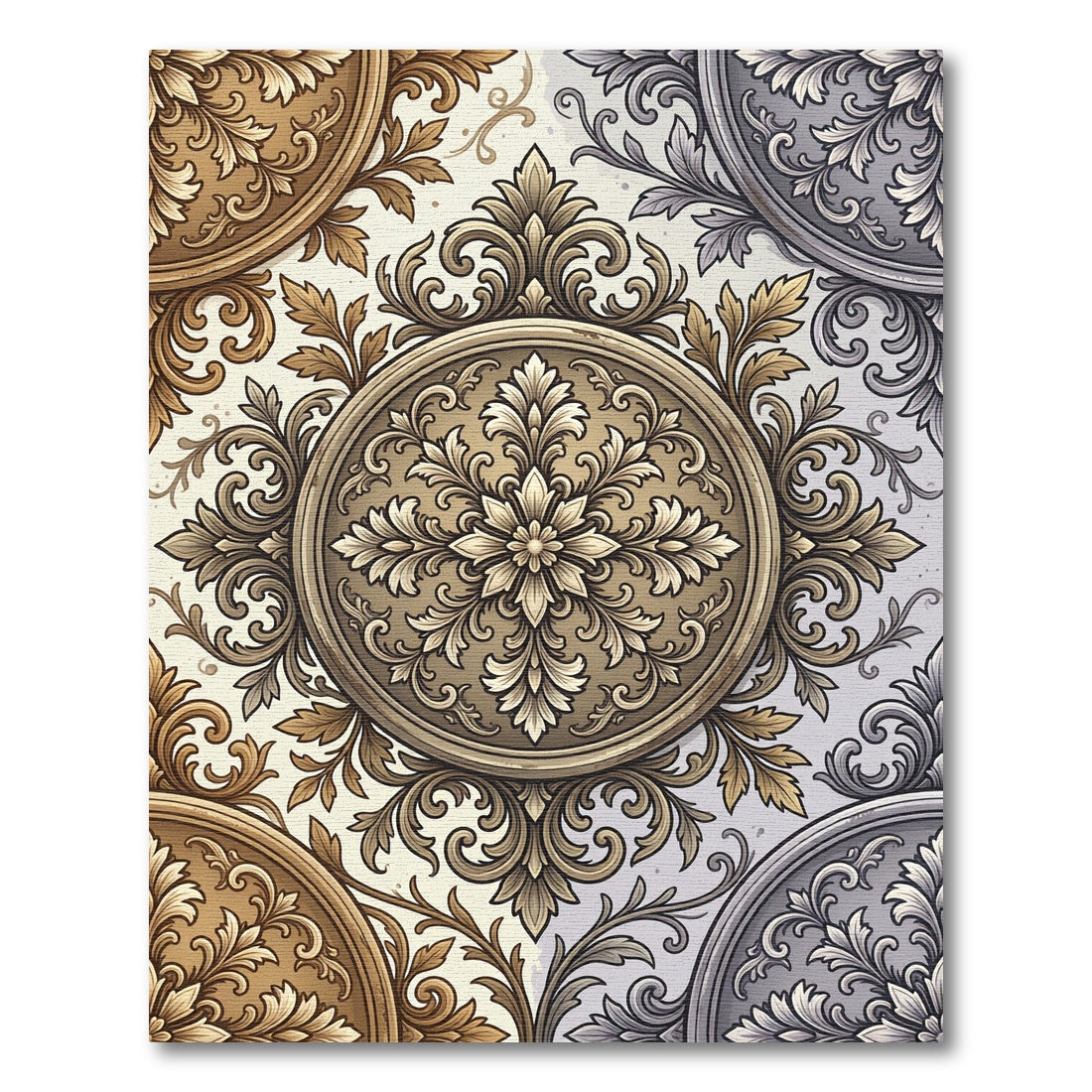 Ornate Gold and Silver Damask Medallion Rug