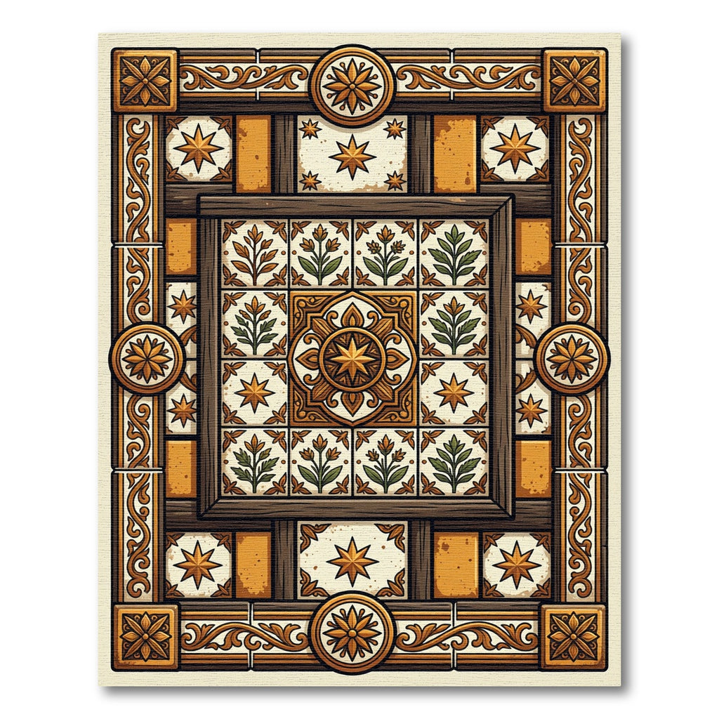 Ornate Golden Floral Medallion Tile Rug
