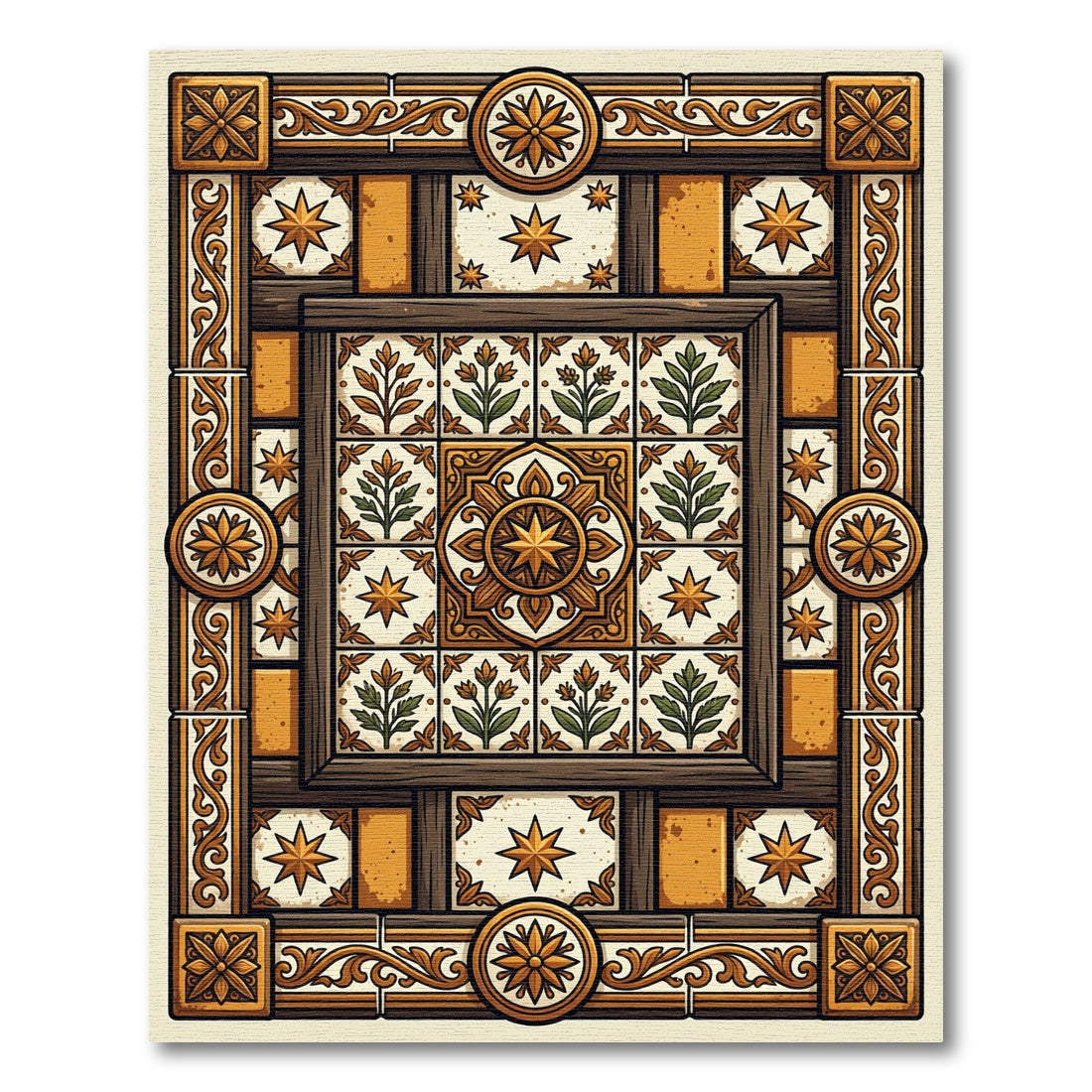 Ornate Golden Floral Medallion Tile Rug