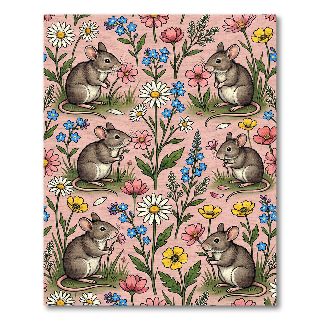Whimsical Blush Pink Mouse Floral Meadow Rug