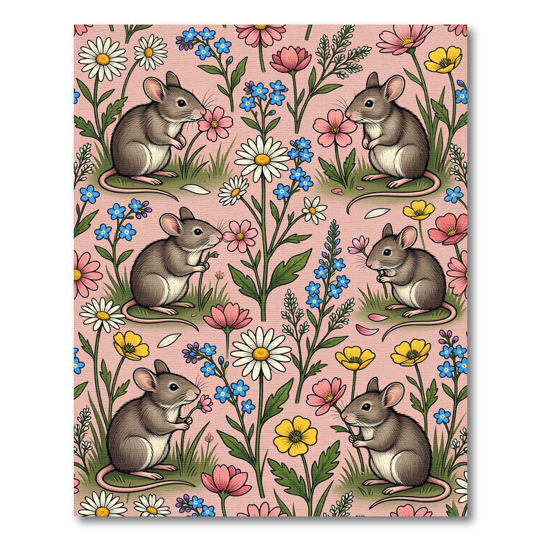 Whimsical Blush Pink Mouse Floral Meadow Rug