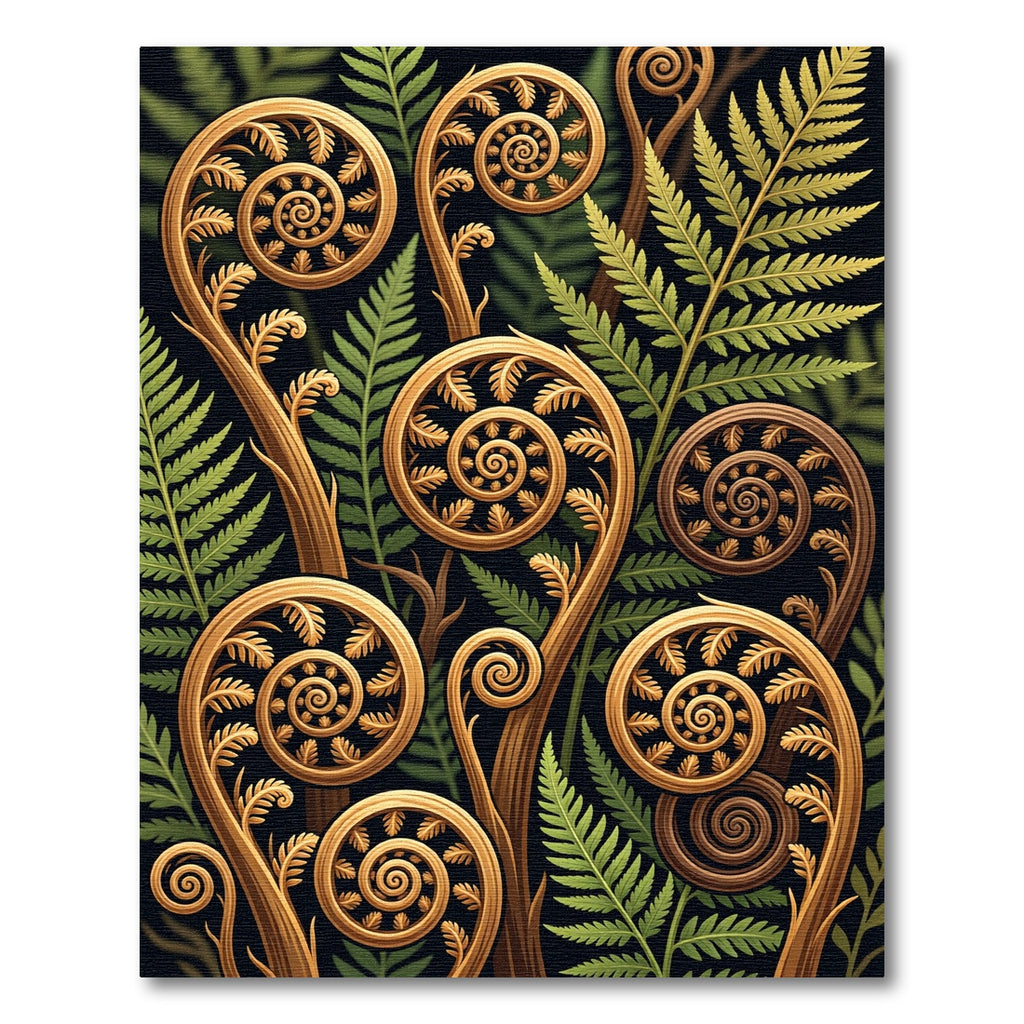Golden Fern Frond Swirls Botanical Rug