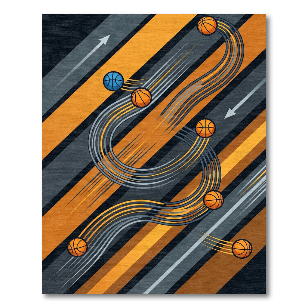 Dynamic Orange and Blue Swirling Basketball Rug