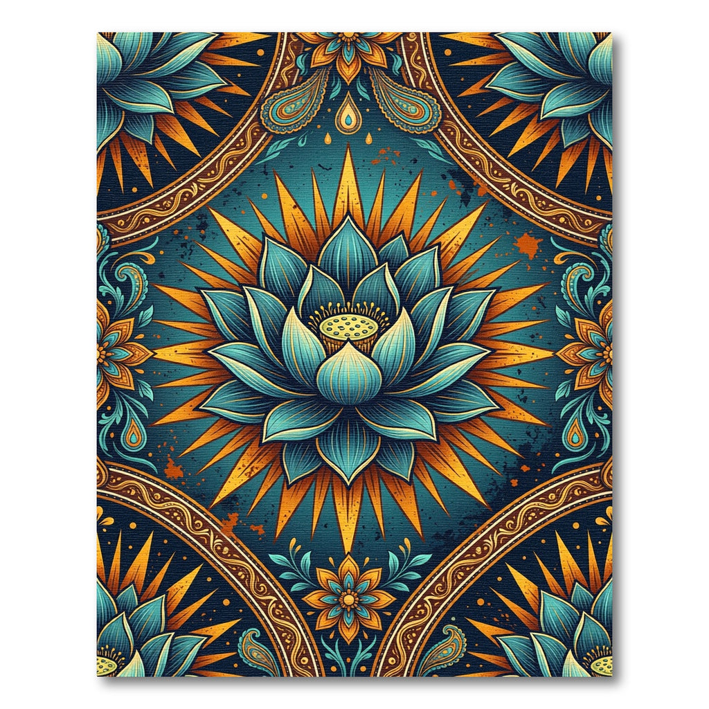Radiant Teal Lotus Golden Sunburst Rug